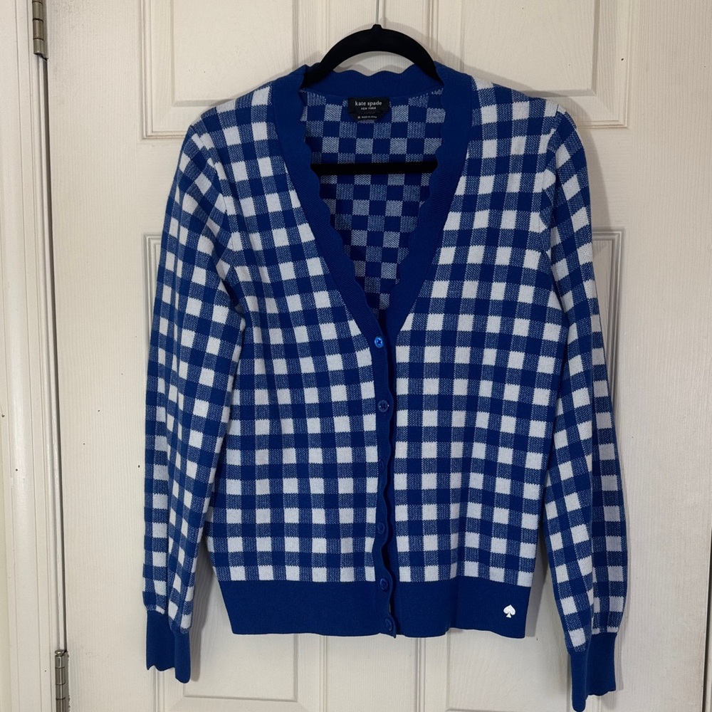 KATE SPADE Cardigan Size Medium Blue & White Checkered Sweater Scalloped Trim